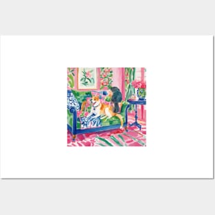 Cat and dog in preppy interior whimsical watercolor Posters and Art